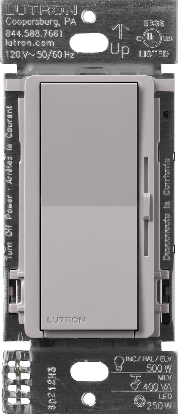 Lutron DVRF-5NE-GR Diva Smart ELV+ Dimmer Switch for Caseta Systems, Phase Selectable, 250W LED / 400VA MLV / 500W ELV, Neutral Required, 120V, Gray