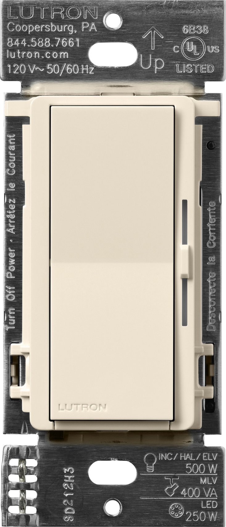 Lutron DVRF-5NE-LA Diva Smart ELV+ Dimmer Switch for Caseta Systems, Phase Selectable, 250W LED / 400VA MLV / 500W ELV, Neutral Required, 120V, Light Almond