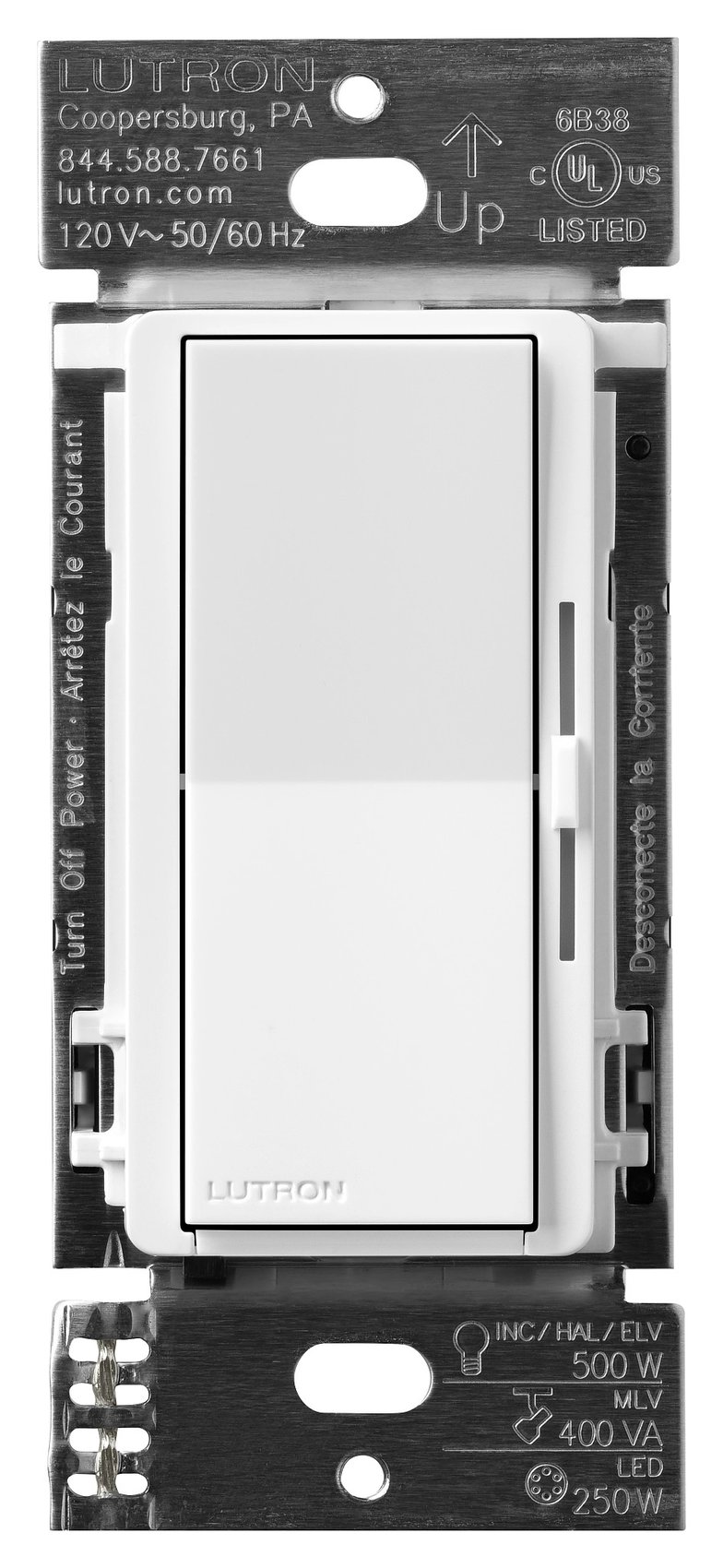 Lutron DVRF-5NE-WH Diva Smart ELV+ Dimmer Switch for Caseta Systems, Phase Selectable, 250W LED / 400VA MLV / 500W ELV, Neutral Required, 120V, White