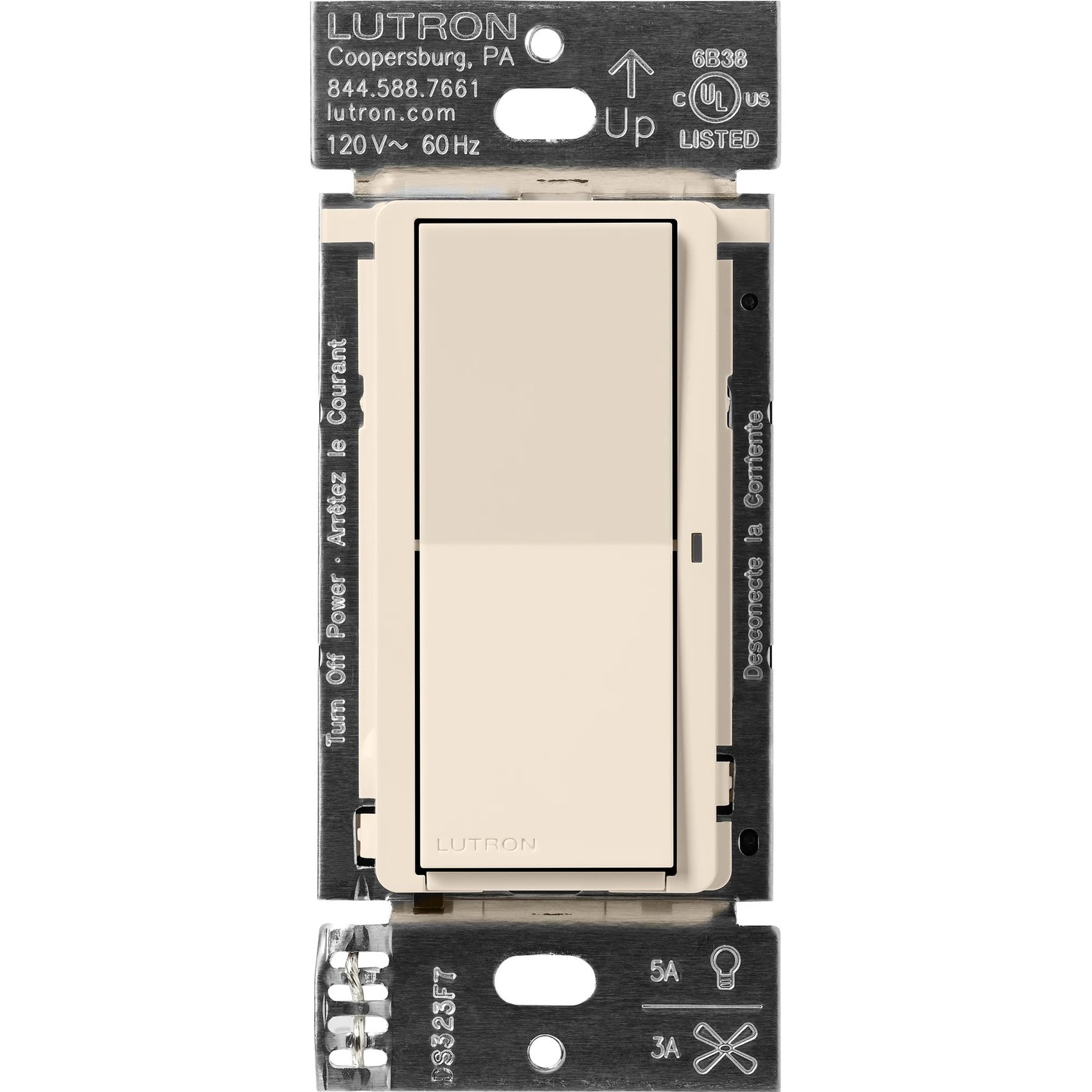 Lutron DVRF-5NS-LA Claro Smart Switch for Caseta, 5A LED or 3A Fan, On / Off Paddle Switch, Single-Pole / 3-Way, Neutral Required, 120V, Light Almond