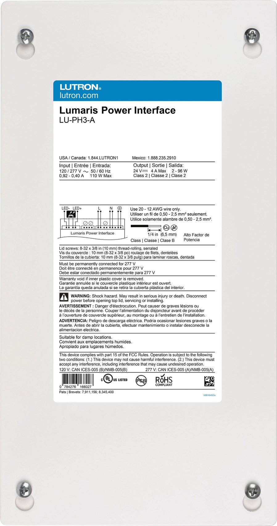 Lutron LU-PH3-A Hardwired Power Interface for Lumaris Tunable White Tape Light, 120 / 277V Input, 24V Output, Powers Up to 3 Wireless Controllers