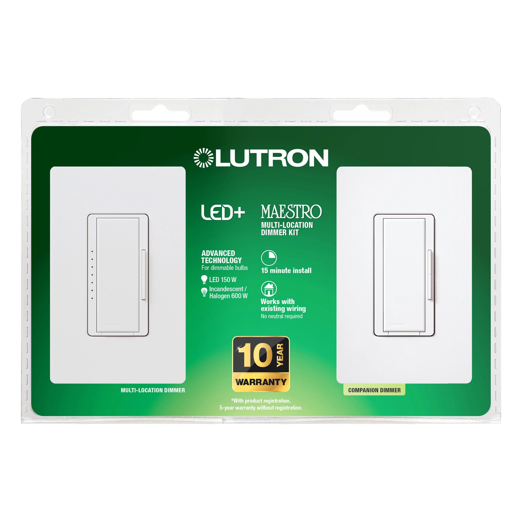 Lutron MACL-153M-RHW-WH Maestro LED+ Dimmer Switch and Companion Dimmer, 3-Way Kit, 150W LED, No Neutral Required, 120V, White