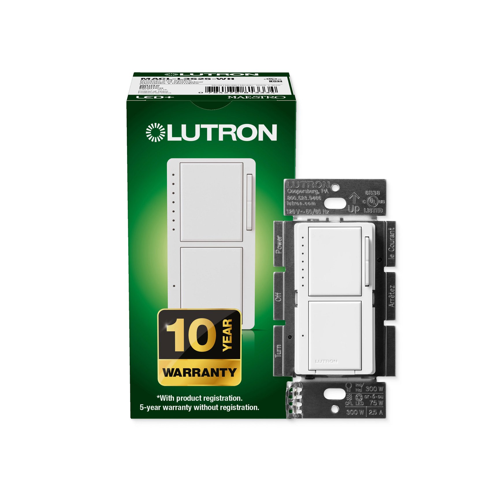 Lutron MACL-L3S25-WH Maestro LED+ Dual Dimmer and Switch, 75W LED Bulbs, Single Pole, White
