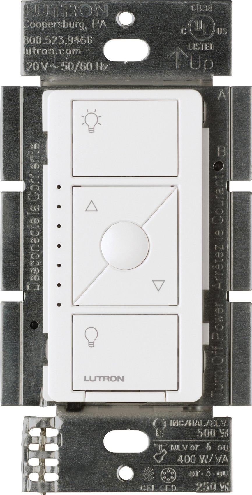 Lutron PD-5NE-WH Caseta Original Smart Dimmer Switch for ELV+ Lighting, Phase Selectable, 250W LED / 400VA MLV / 500W ELV, Neutral Required, 120V, White