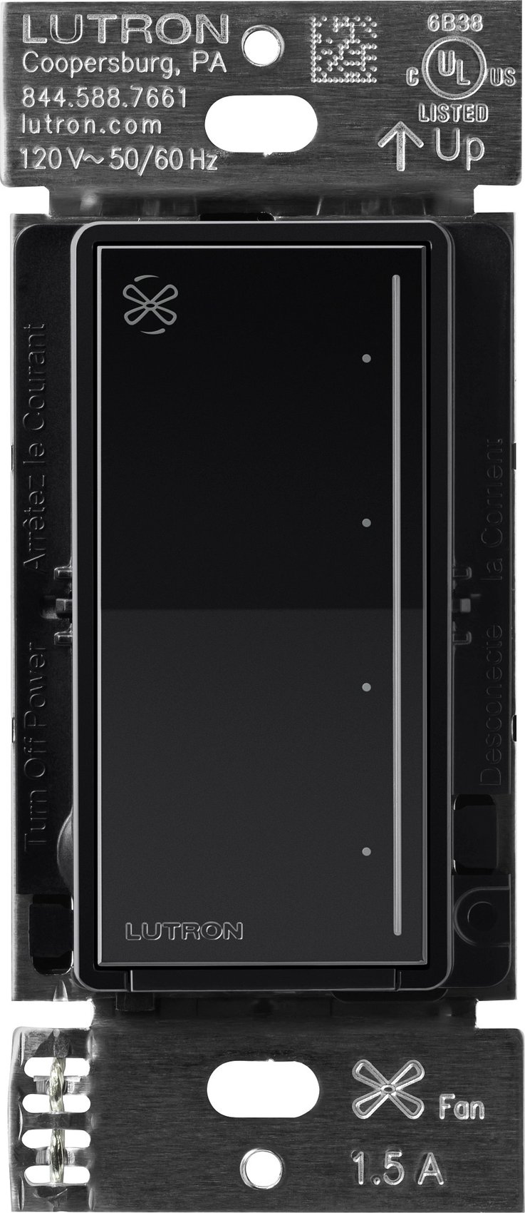 Lutron RRST-ANF-BL RadioRA 3 Sunnata Touch Fan Control, 4-Speed, 1.5A Paddle Fan, AC Motor, Single Pole, Neutral Required, 120V, Black