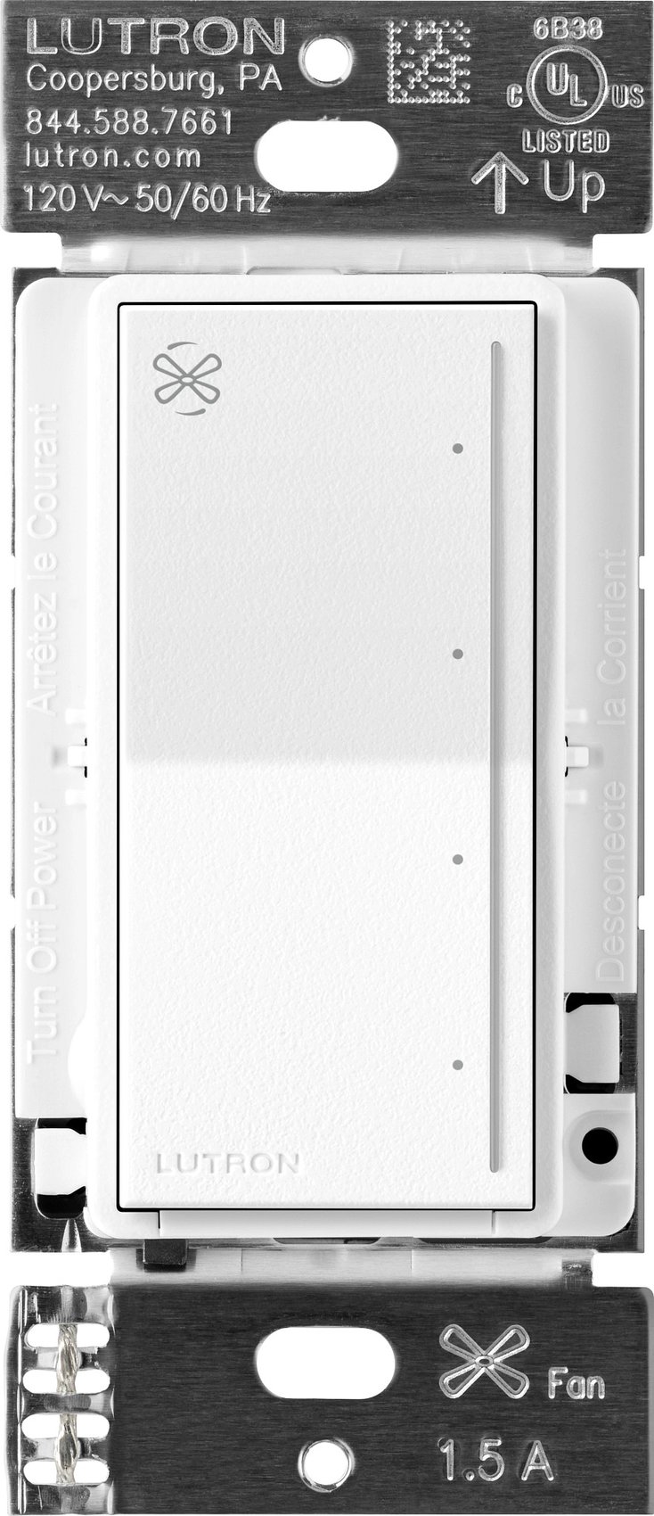 Lutron RRST-ANF-BW RadioRA 3 Sunnata Touch Fan Control, 4-Speed, 1.5A Paddle Fan, AC Motor, Single Pole, Neutral Required, 120V, Brilliant White
