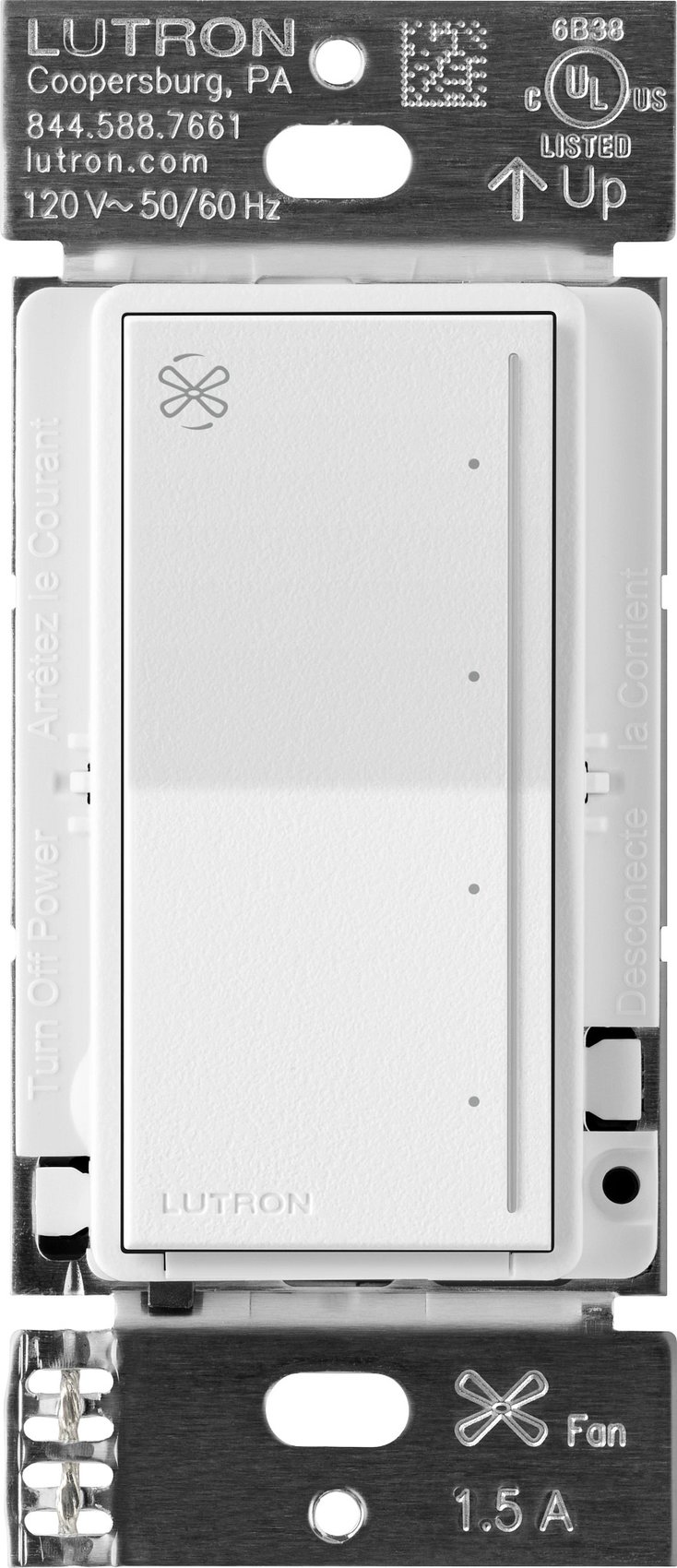 Lutron RRST-ANF-SW RadioRA 3 Sunnata Touch Fan Control, 4-Speed, 1.5A Paddle Fan, AC Motor, Single Pole, Neutral Required, 120V, Snow White