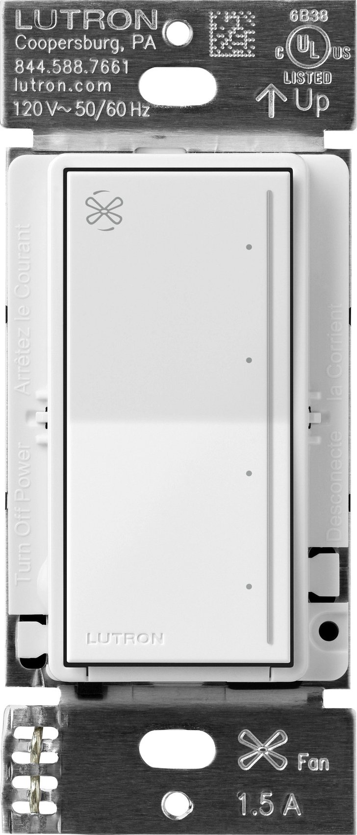 Lutron RRST-ANF-WH RadioRA 3 Sunnata Touch Fan Control, 4-Speed, 1.5A Paddle Fan, AC Motor, Single Pole, Neutral Required, 120V, White