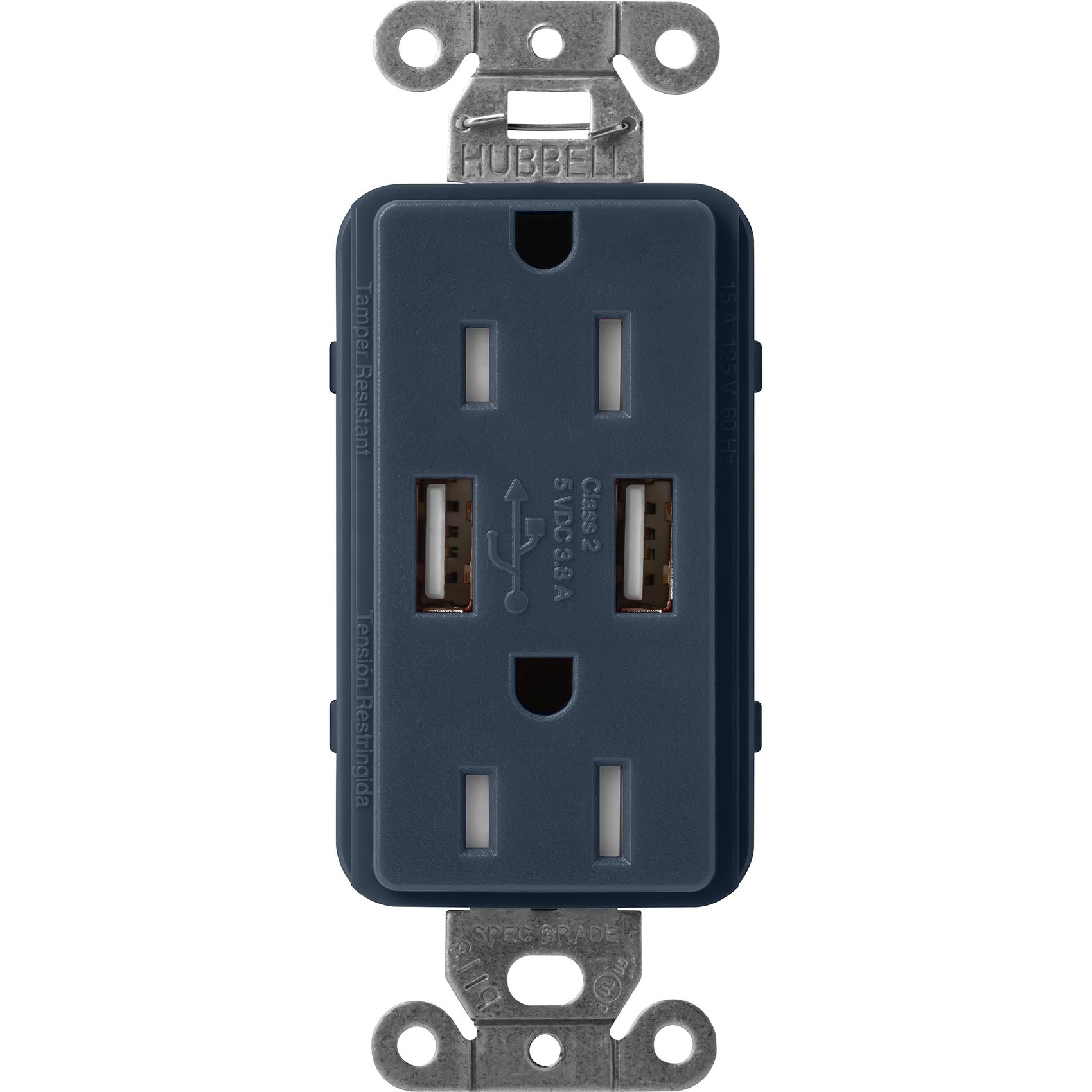 Lutron SCR-15-UBTR-DE Claro 15A Tamper Resistant USB-A Duplex Receptacle, Decorator-Style Outlet, Self-Testing, Satin Finish, Deep Sea