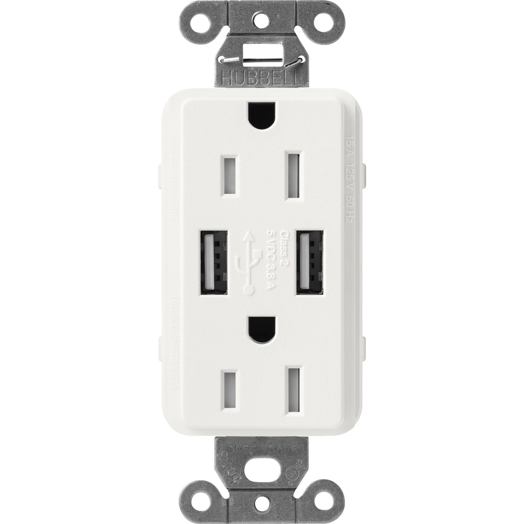 Lutron SCR-15-UBTR-RW Claro 15A Tamper Resistant USB-A Duplex Receptacle, Decorator-Style Outlet, Self-Testing, Satin Finish, Architectural White