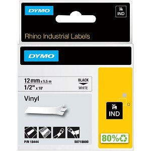 DYMO 18444 Rhino Industrial Vinyl Labels Printers 1/2" x 18', Black Print on White