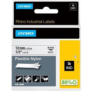 DYMO 18488 Rhino Flexible Nylon Label Tape, 1/2" x 11.5', Black Print on White