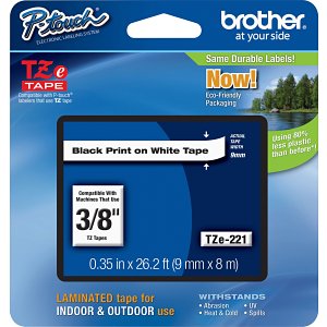 Brother TZE221 Black on White Laminated Tape 9 mm