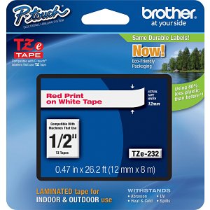 Brother TZE232 P-touch Laminated Label Tape, 12mm (0.47") Red on White Tape for P-Touch 8m (26.2')