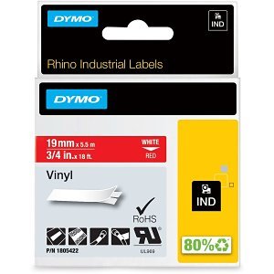 DYMO 1805422 Industrial Vinyl Labels, 3/4in - 19mm, White Text on Red Label