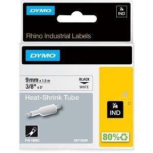 DYMO 18053 Rhino Heat Shrink Tube Label 3/8" x 60", Black On White