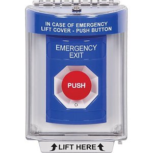 STI SS2431EX-EN Blue Indoor / Outdoor Flush Turn-to-Reset Stopper Station with EMERGENCY EXIT