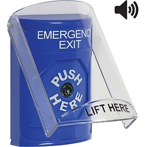 STI SS24A0EX-EN Blue Indoor Only Flush or Surface with Horn Key-to-Reset Stopper Station with EMERGENCY EXIT