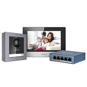 Hikvision DS-KIS602 2MP HD Modular IP Video Intercom Kit, 3-Piece, Includes DS-KH6320-WTE1, DS-KD8003-IME1, and 4-Port Switch