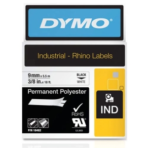 18482 Rhino Permanent Poly Industrial Label Tape 3/8" x 18 ft Black on White 