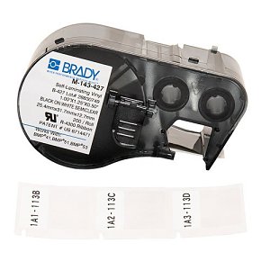 Brady M-143-427 Self-Laminating Vinyl Wrap Around Labels with Ribbon for BMP41 BMP51, 1.25" x 1", Black on White, Clear