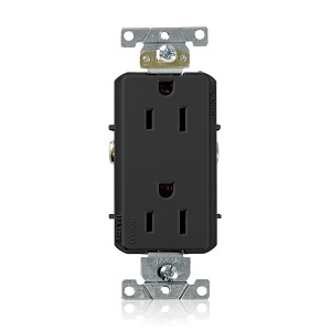 Leviton 16252-E Decora Plus 2-Pole 3-Wire Duplex Receptacle Outlet, Heavy-Duty Industrial Grade, Smooth Face, 15A, 125V, Back or Side Wire, NEMA 5-15R, Self-Grounding, Black