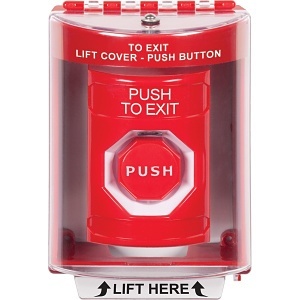 STI SS2078PX-EN Stopper Station Push Button with Universal Stopper Cover, Surface Mount, Pneumatic Illuminated, 'PUSH TO EXIT' Label, Red