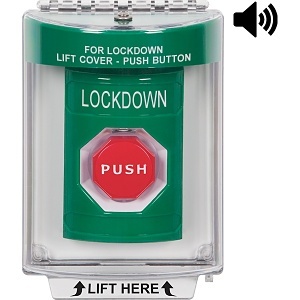 STI SS2142LD-EN Indoor Outdoor Flush with Horn Key-to-Reset Illuminated Stopper Station with LOCKDOWN Label English, Green