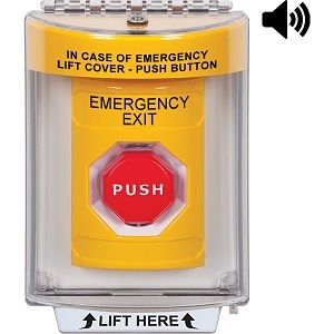STI SS2248EX-EN Indoor / Outdoor Flush with Horn Pneumatic Illuminated Stopper Station with EMERGENCY EXIT Label English, Yellow