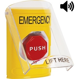 STI SS22A9EM-EN Stopper Station Push Button with Shield and Sound, Turn-to-Reset Illuminated, 'EMERGENCY' Label, Yellow