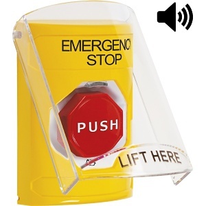 STI SS22A9ES-EN Stopper Station Push Button with Shield and Sound, Turn-to-Reset Illuminated, 'EMERGENCY STOP' Label, Yellow