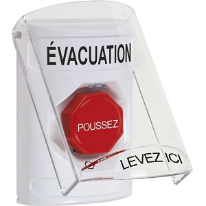 STI SS2329EV-FR Stopper Station Push Button with Shield, Turn-to-Reset Illuminated, EVACUATION Label, White, French