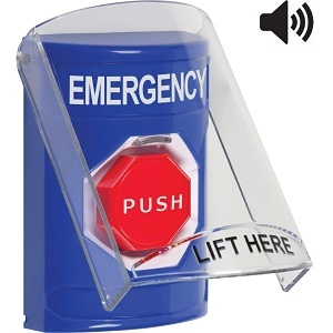 STI SS24A8EM-EN Emergency Button with Sounder, Blue Pneumatic Stopper Station with Shield