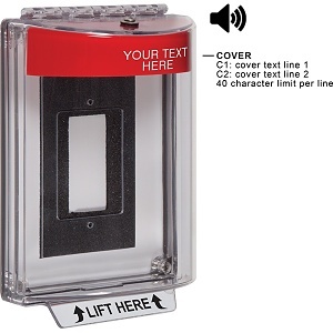 STI-13320CR Universal Stopper Dome Cover, Enclosed Flush Back Box, Label Hood with Horn, Custom Label, Red
