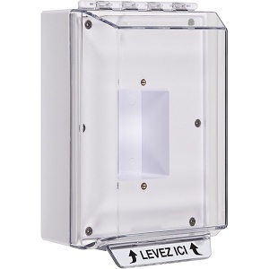 STI-14400NW-FR Universal Stopper Low Profile without Horn Housing, Enclosed Back Box, Sealed Mounting Plate, No Label Included, French, White