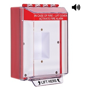 STI 14420FR Universal Stopper Housing with Hood and Horn, Enclosed Back Box, Sealed Mounting Plate, Fire Label, Red