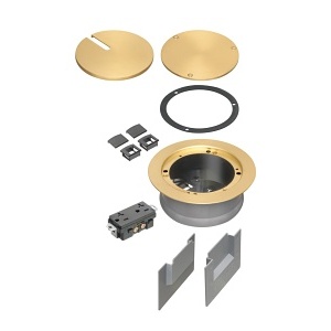 Arlington FLBC5540MB Floor Box, Ultra-Thin Stamped Steel Brass Plated Flange Cover, Two Low Voltage Openings, 20A Tamper-Resistant Decorator-Style Receptacle, 5.5", Brass