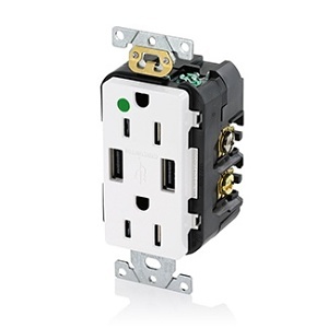 Leviton T5632-HGW Combination Duplex Receptacle with USB Charger, 15A 125V, White