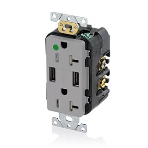 Leviton T5832-HGG Combination Duplex Receptacle with USB Charger, 20A 125V, Gray