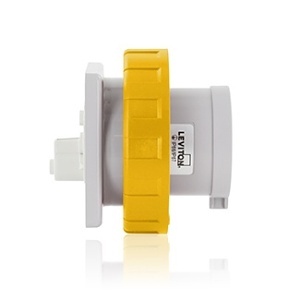 Leviton W216-B4 16A 100-130V IEC 60309 International Configuration Panel Mount Pin and Sleeve Inlet, IP66/IP67 Watertight, Yellow