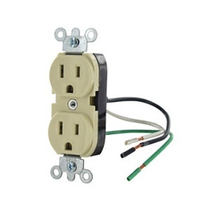 Leviton 5262-LI Duplex Receptacle Outlet, Industrial Grade, Smooth Face, 15A, 125V, Pre-Wired Leads, NEMA 5-15R, 2-Pole, 3-Wire, Self-Grounding, Ivory