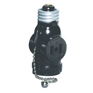 Leviton 1406 2-Wire Lampholder to Two Outlets Adapter with Pull Chain, Indoor, 2-Pole, Black