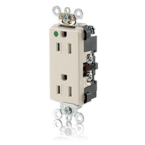 Leviton 16262-SGT Decora Plus 2-Pole 3-Wire Duplex Receptacle Outlet, Extra Heavy-Duty Hospital Grade, Smooth Face, T Amper-Resistant, 15A, 125V, Back or Side Wire, NEMA 5-15R, Light Almond