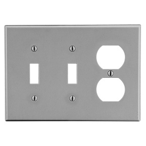 Hubbell P28GY Wall Plate, 3-Gang Configuration with 2 Toggle Switches and 1 Duplex Outlet, Gray