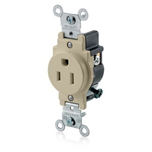 Leviton 5015-IJ Single Receptacle Outlet, Smooth Face, 15A, 125V Side Wire, NEMA 5-15R, 2-Pole, 3-Wire, Self-Grounding, Ivory