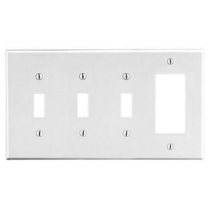 Hubbell P326W 4-Gang Wall Plate for 3 Toggle Switches and 1 Decorator Opening, White