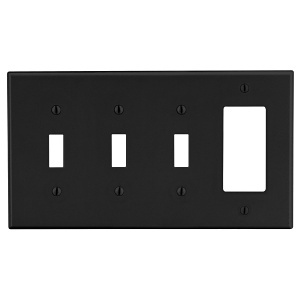 Hubbell P326BK Wall Plate, Black 4-Gang, 3 Toggle Switches and 1 Decorator Opening