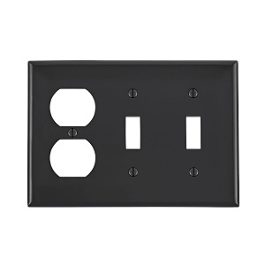 Leviton 80721-E Wall Plate, 3-Gang 2 Toggle 1 Duplex, Nylon, Black