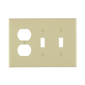 Leviton PJ21-I Wall Plate, Midway Size, Three Gangs with Two Toggle Switches and One Duplex Outlet, Ivory