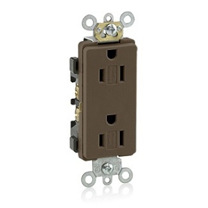 Leviton DR15S-G Decora Plus Duplex Receptacle, 15A, 125V, NEMA 5-15R, Tamper-Resistant, Self-Grounding, Brown